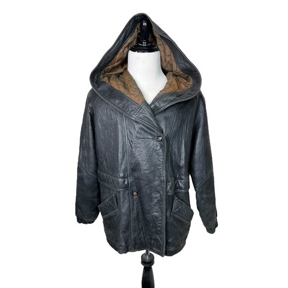 Vintage 80s Hooded 100% Leather Double Breasted Jacket Coat Black M Medium - Picture 1 of 8